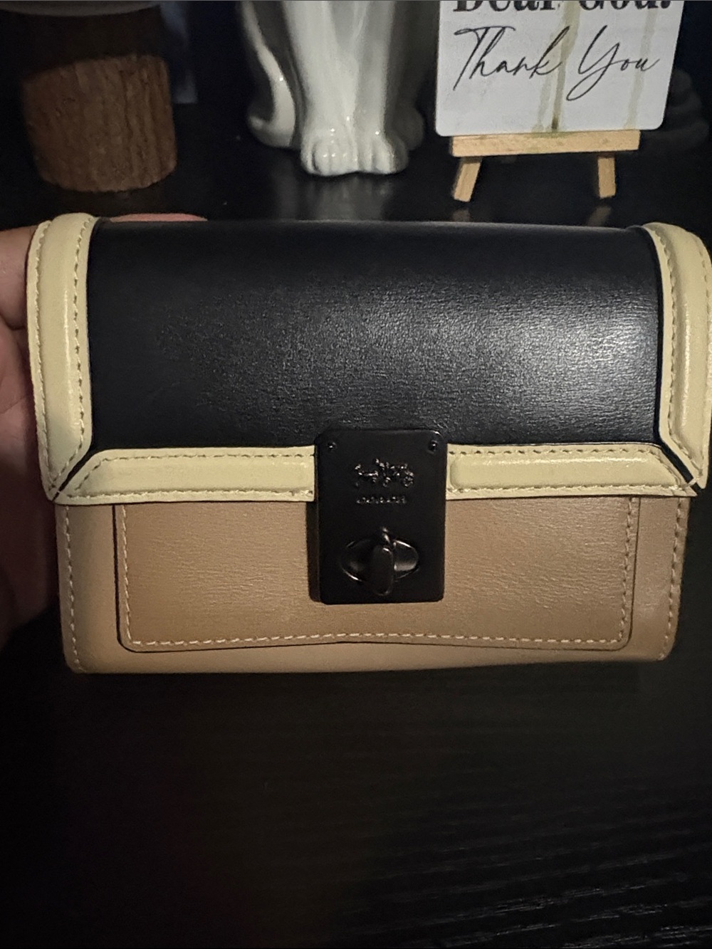 Coach Colorblock Leather Small Wallet in Black, Tan & Cream
